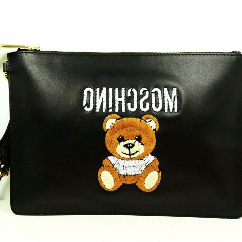 Moschino Black Clutch with Teddy Bear Embroidery